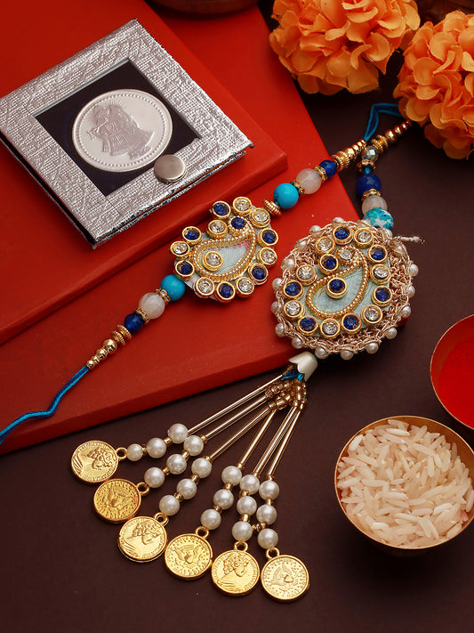 Set of 2 Stone Studded Designer handcrafted Lumba Rakhi set with 10 gram Radhe Krishna round 999 Round Silver Coin