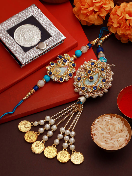 Set of 2 Stone Studded Designer handcrafted Lumba Rakhi set with 10 gram Shri Laxmi round 999 Round Silver Coin