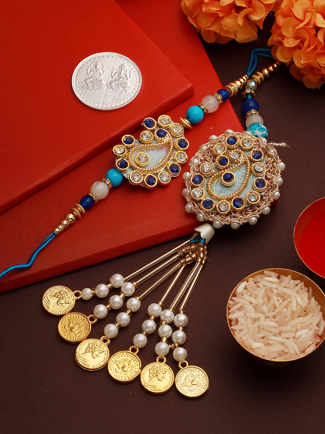Set of 2 Stone Studded Designer handcrafted Lumba Rakhi set with 10 gram Laxmi Ganesh round 999 Round Silver Coin