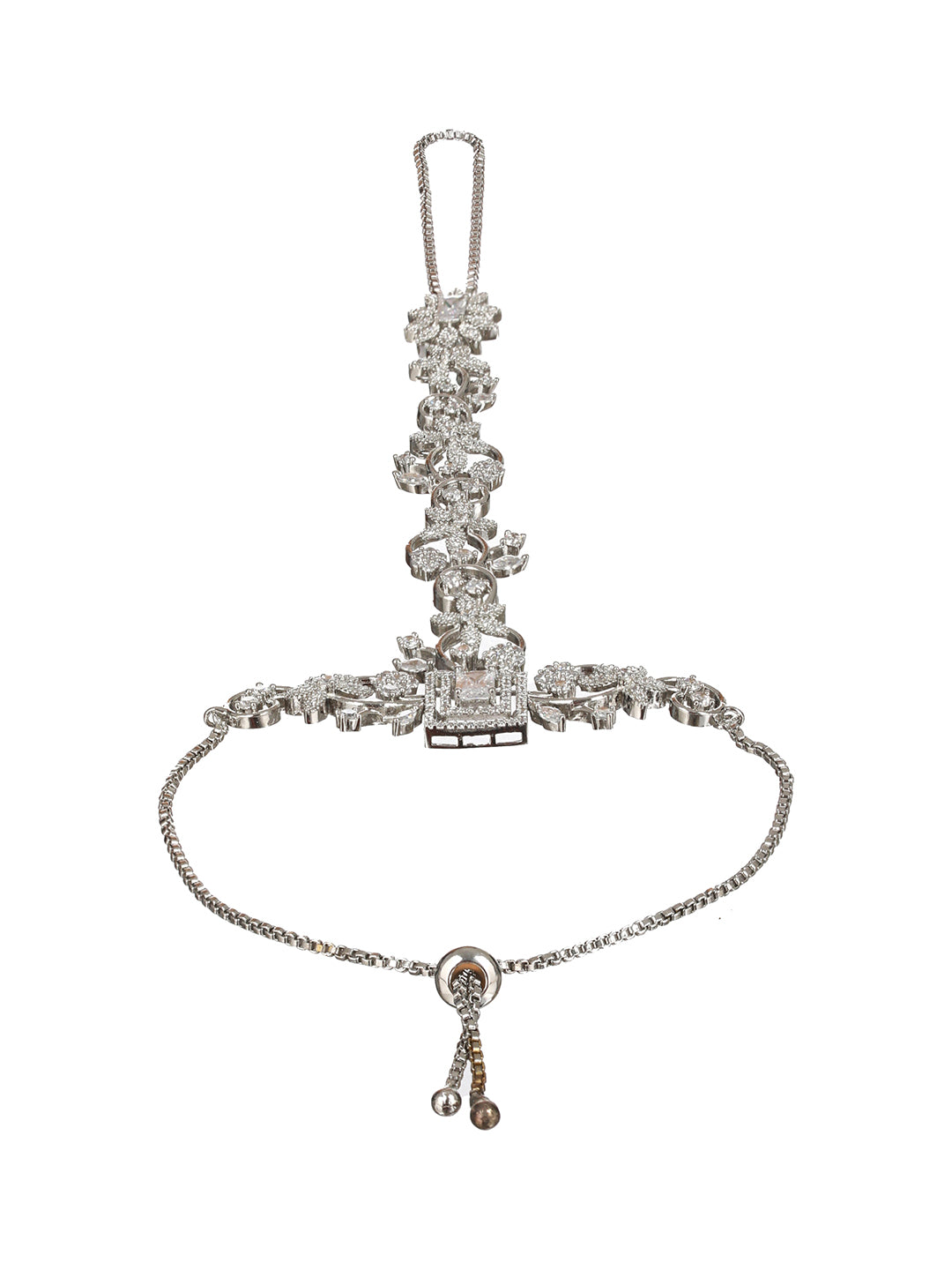 Silver Toned CZ Studded Floral Designer hathphool Ring bracelet