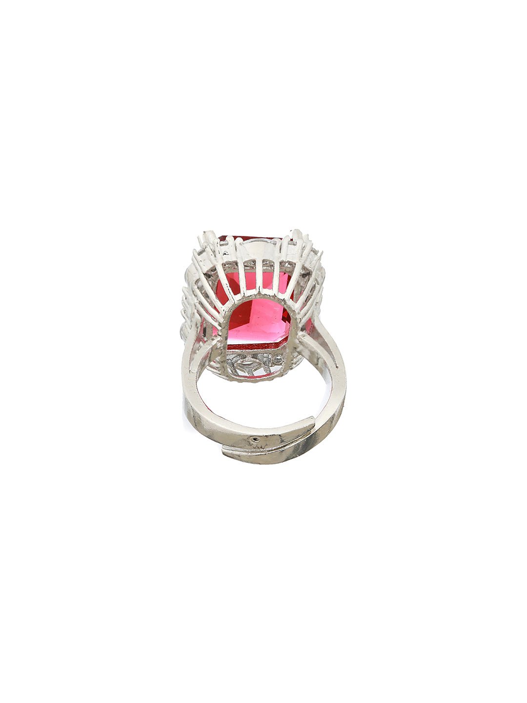 Silver Toned Red Ruby CZ Studded Cocktail Designer Finger Ring