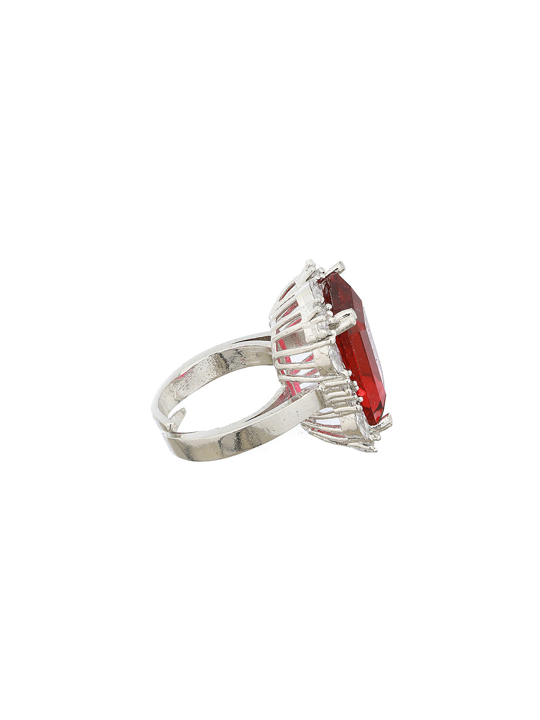 Silver Toned Red Ruby CZ Studded Cocktail Designer Finger Ring