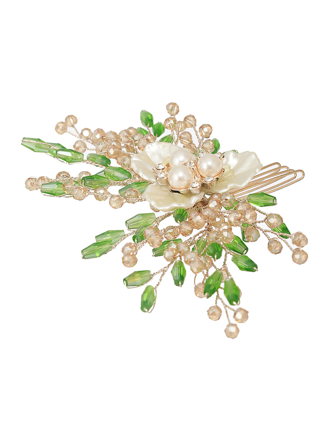 Gold Toned Mother Of Pearl Embellished Green  Hair Comb  Pin