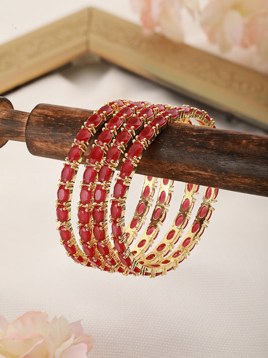 Set of 4 Gold Plated  Red Ruby Stone Studded  Bangles