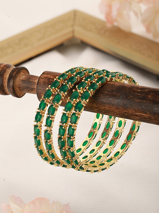 Gold Plated Set of 4 Green Emerald Stone Studded Bangles