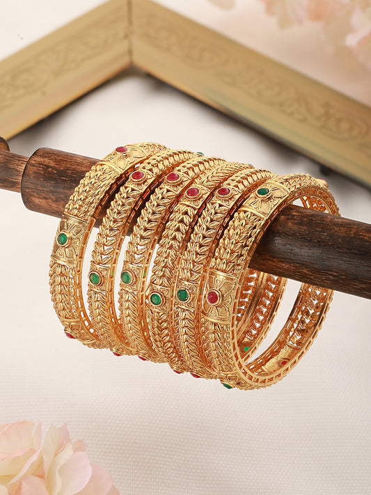 Set Of 6 24 CT Gold Plated Red Stone Studded Handcrafted Bangles For Regular Use