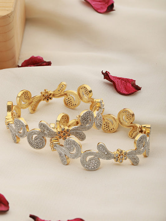 Set Of 2 Dua Toned Gold Plated Whitee AD Studded Handcrafted Leafy Design Bangles