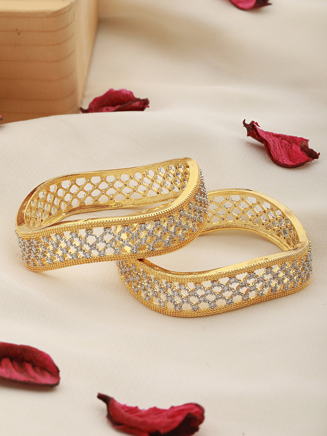 Set Of 2 Gold Plated  AD Studded Cut -Out Hand Crafted Bracelet Bangles