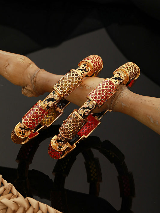Set Of 2 Gold Toned Pink & Black Stone Studded Handcrafted Bangles
