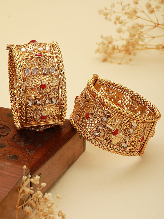 Set Of 2 Gold Plated Multi stone Studded Antique Bangles