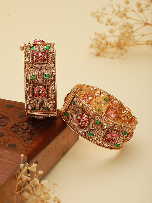 Set Of 2 Gold Plated Red & Green stone Studded Openable Bangles