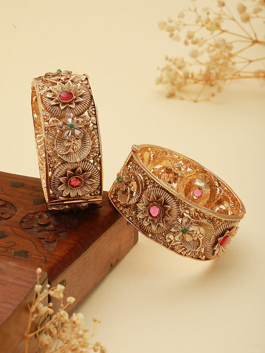 Set Of 2 Gold Plated Red Stone Studded Floral Openable Bangles