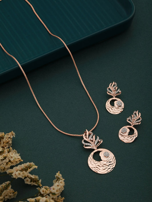 Rose Gold plated AD studded Round Pendant Earrings set chain