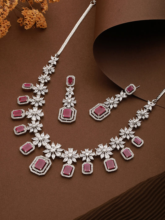 White Rhodium Plated Red AD studded Necklace Earrings Jewellery Set
