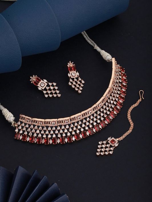 Rose Gold Plated White & Red AD Studded Choker Jewellery Set Earrings & tika