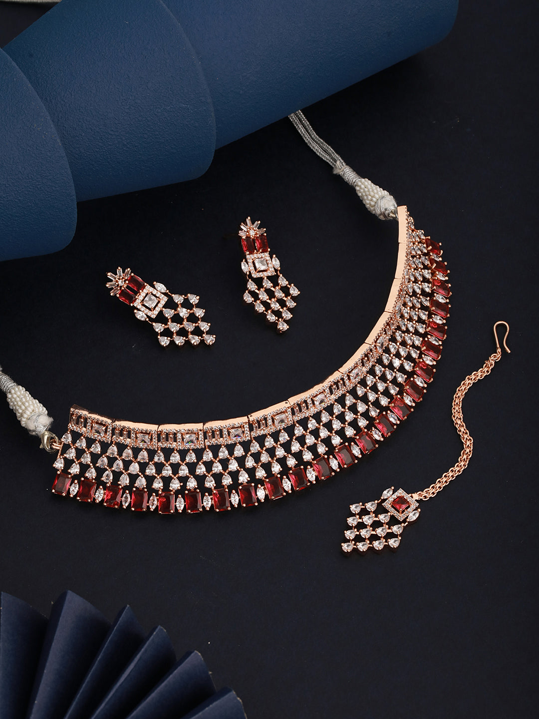 Rose Gold Plated White & Red AD Studded Choker Jewellery Set Earrings & tika