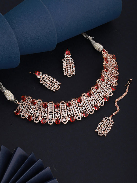 Rose Gold Plated Red & White AD Studded Choker Tika Jewellery Set