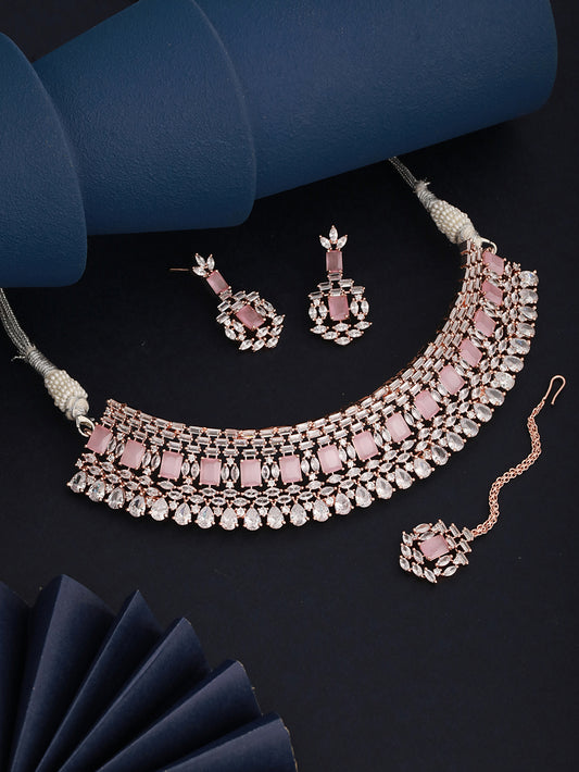 Rose Gold Plated Pink & White AD Studded Choker Earrings &Maang Tika Jewellery Set