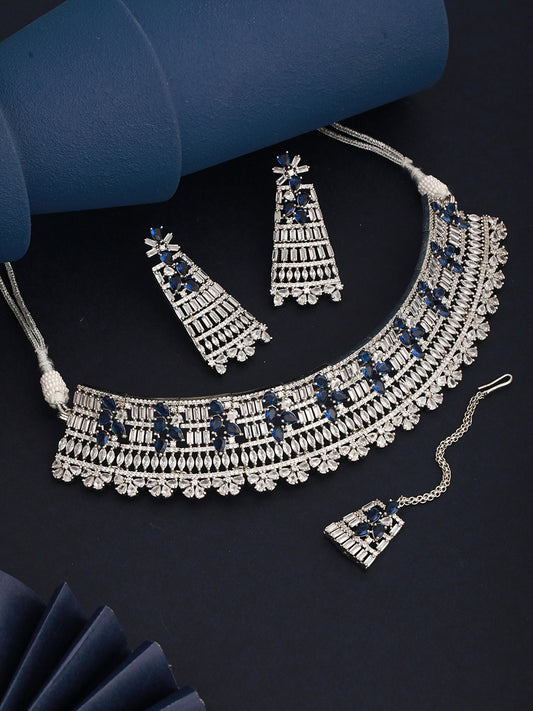 Silver Toned Blue Studded Designer Choker Jewellery Set mang Tika
