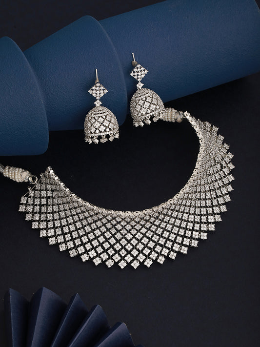 Silver Rhodium Plated White AD Choker Jhumka Jewellery Set