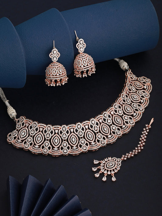Rose Gold Plated White AD Studded Heavy Choker Jewellery Set