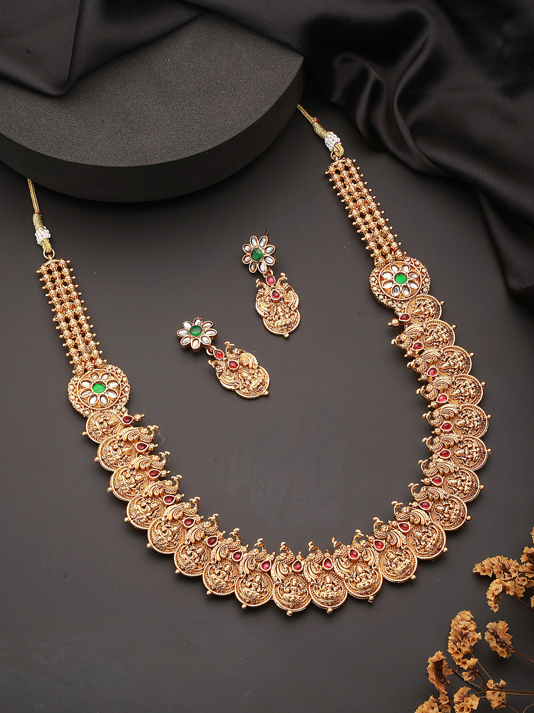 Gold Plated CZ Peacock Coin Temple Jewellery  Set