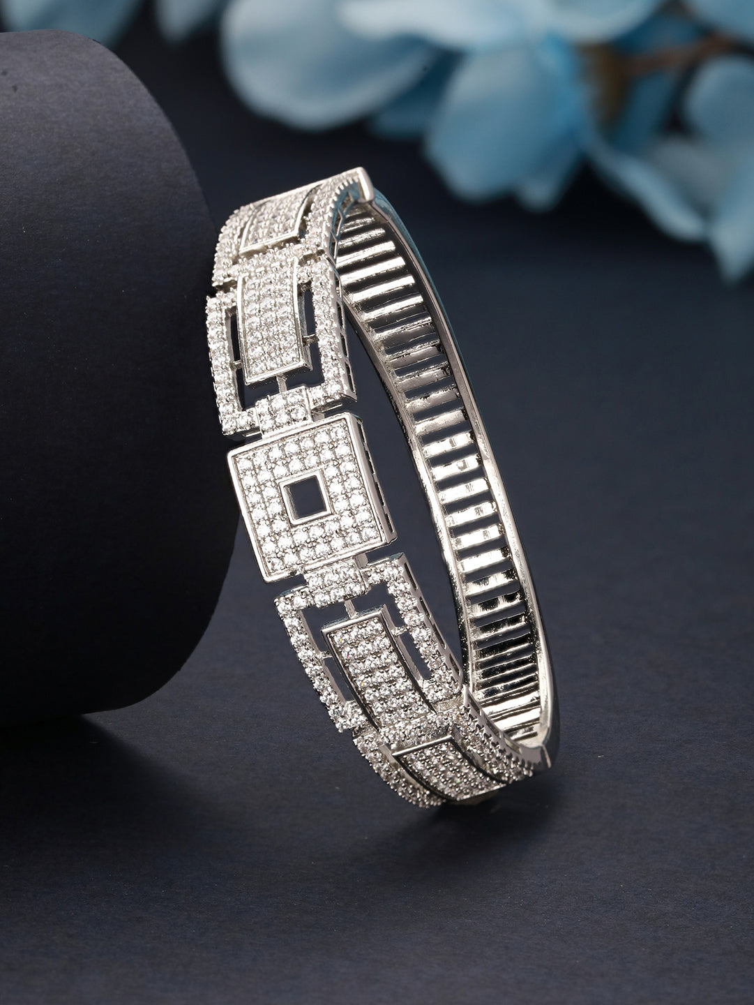 Silver Toned CZ Studded Luxe Trendy Bangle Kada Bracelet