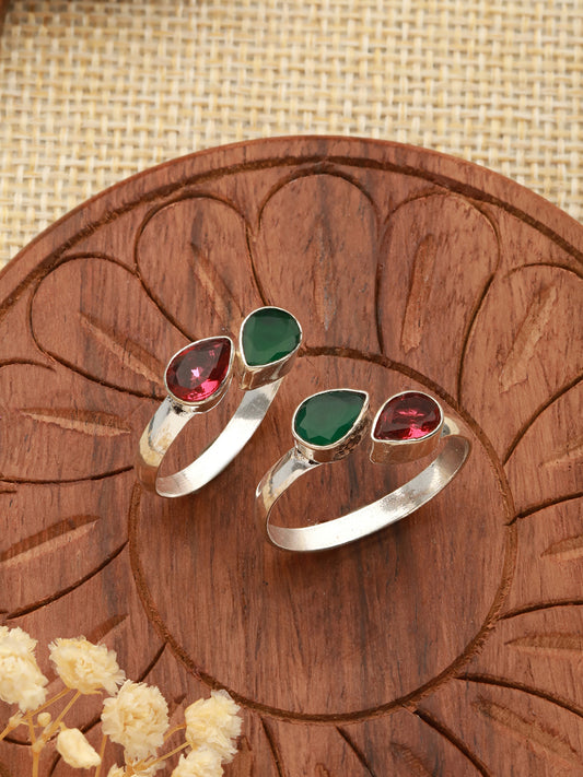 Set of 2  Silver Toned Red & Green Stone Studded Adjustable Toe Ring