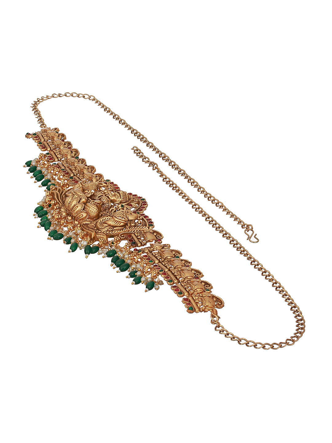 Matte Gold Plated Green Pearls Beaded Shri lakshmi Motif Bridal Hip Belt Kamarbandh