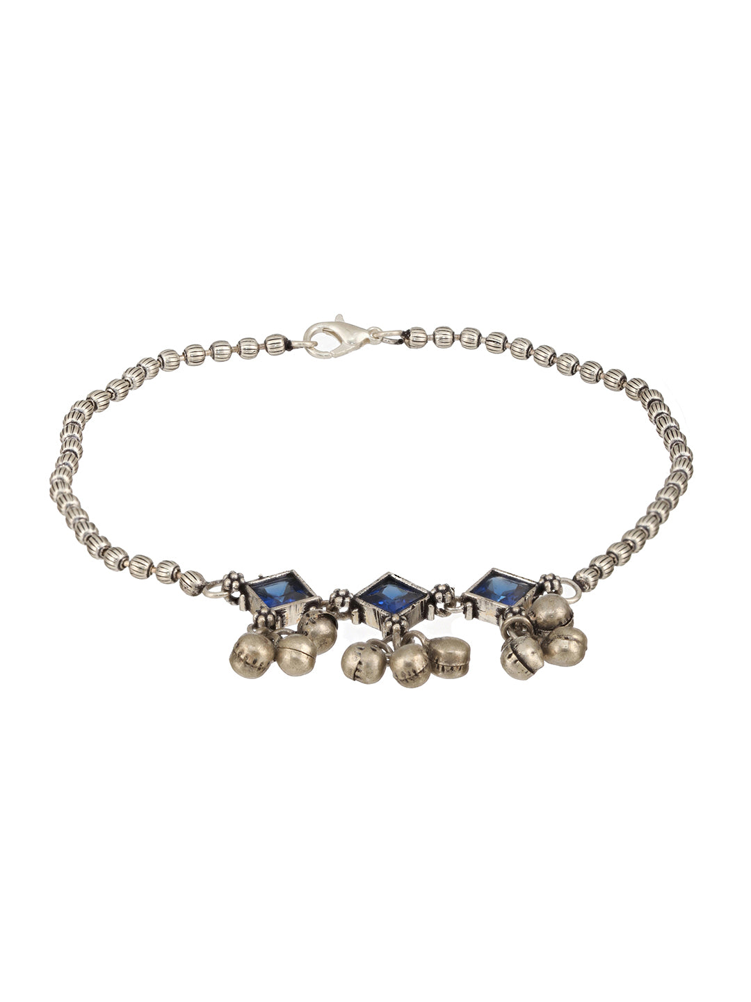 Set Of 2 Oxidised Silver Plated Blue Stone Payal Anklet
