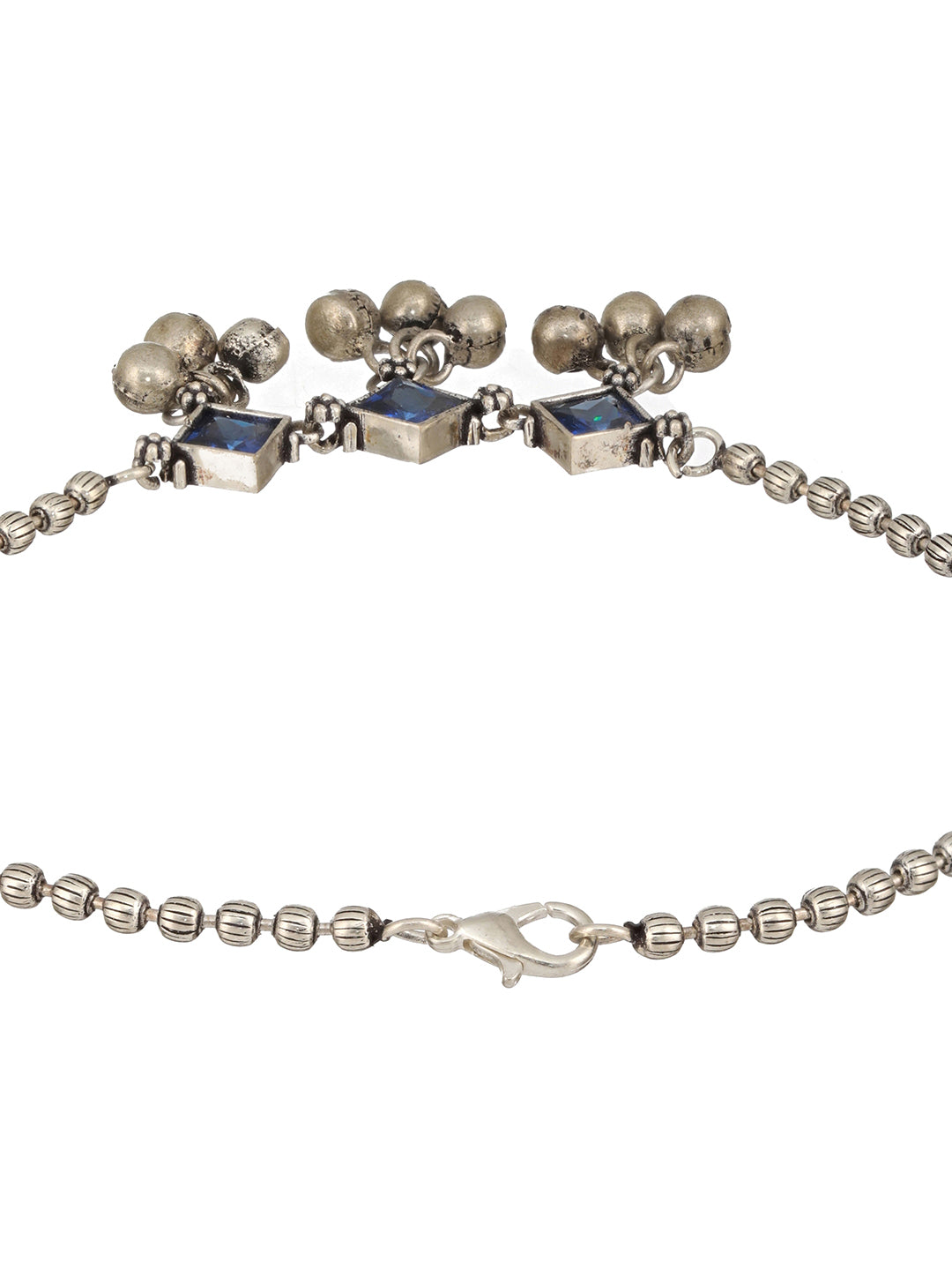 Set Of 2 Oxidised Silver Plated Blue Stone Payal Anklet