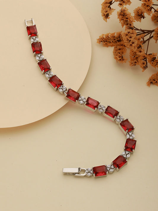 Silver Toned Red AD Studded Minimal Link Tennis Bracelet