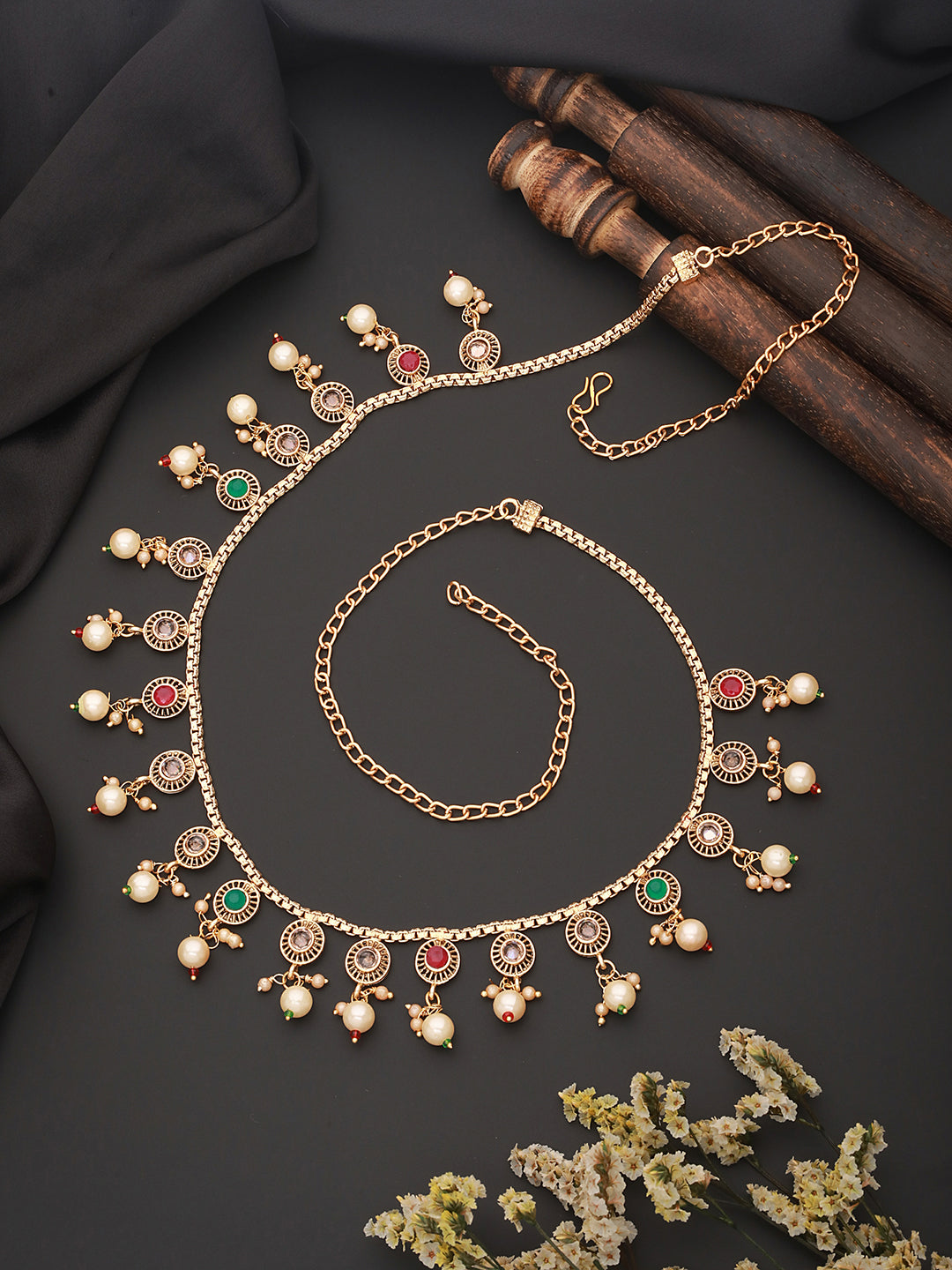 Gold Plated Multi colored Stones & Pearl Beaded Designer Hip Chain Kamarbandh