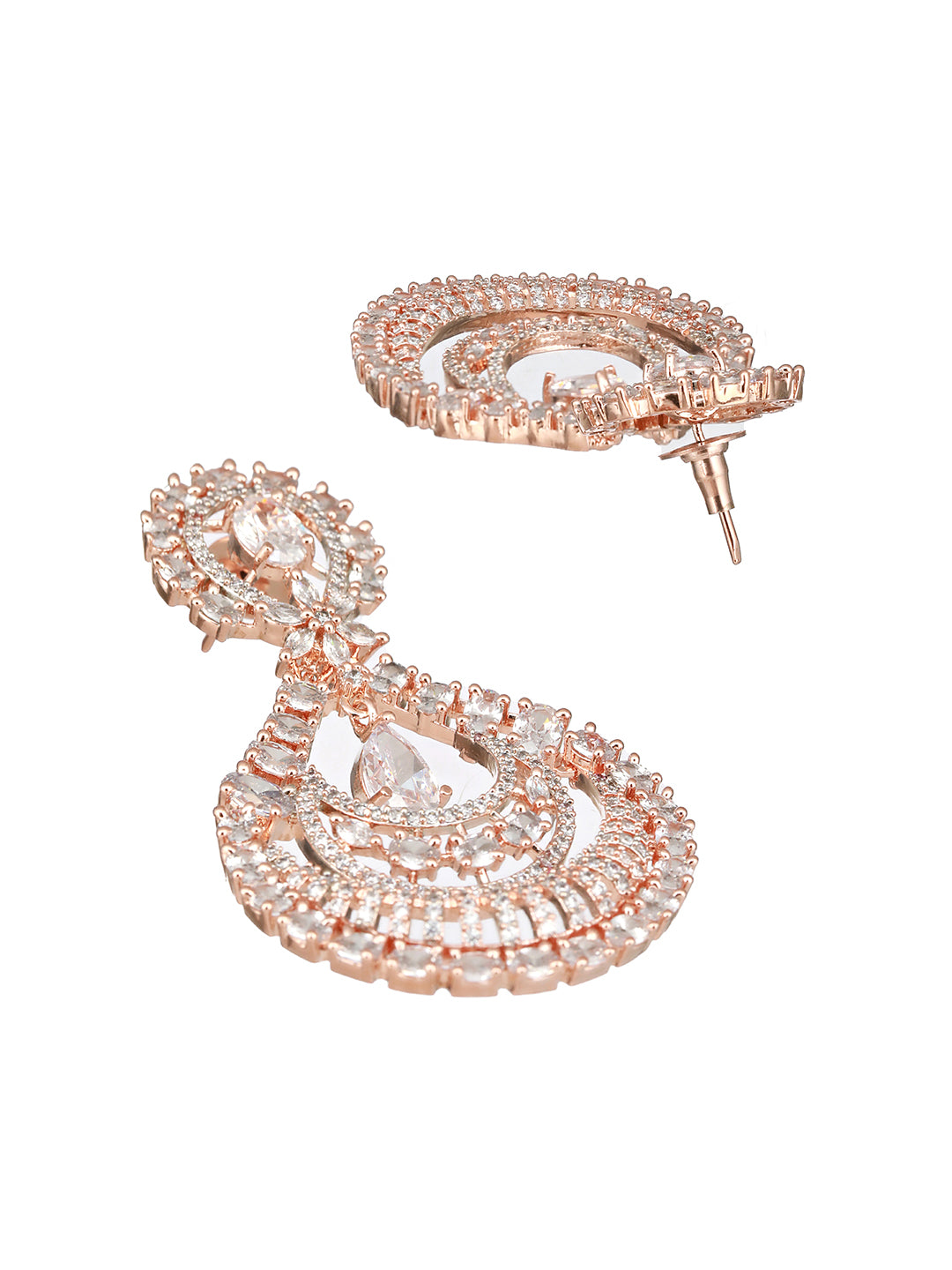 Rose Gold toned Zircon studded Long Chandelier Chandbali Luxe Earrings