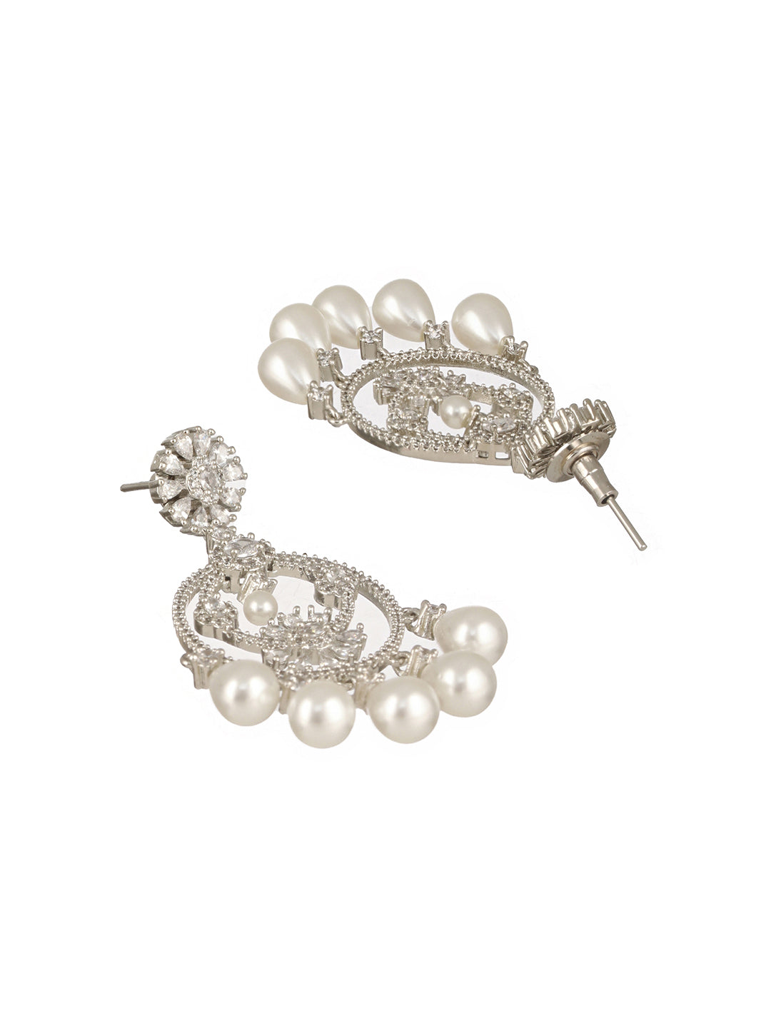 Silver Plated CZ Studded & Pearl Beaded Delicate Dangler Chandbali Earrings