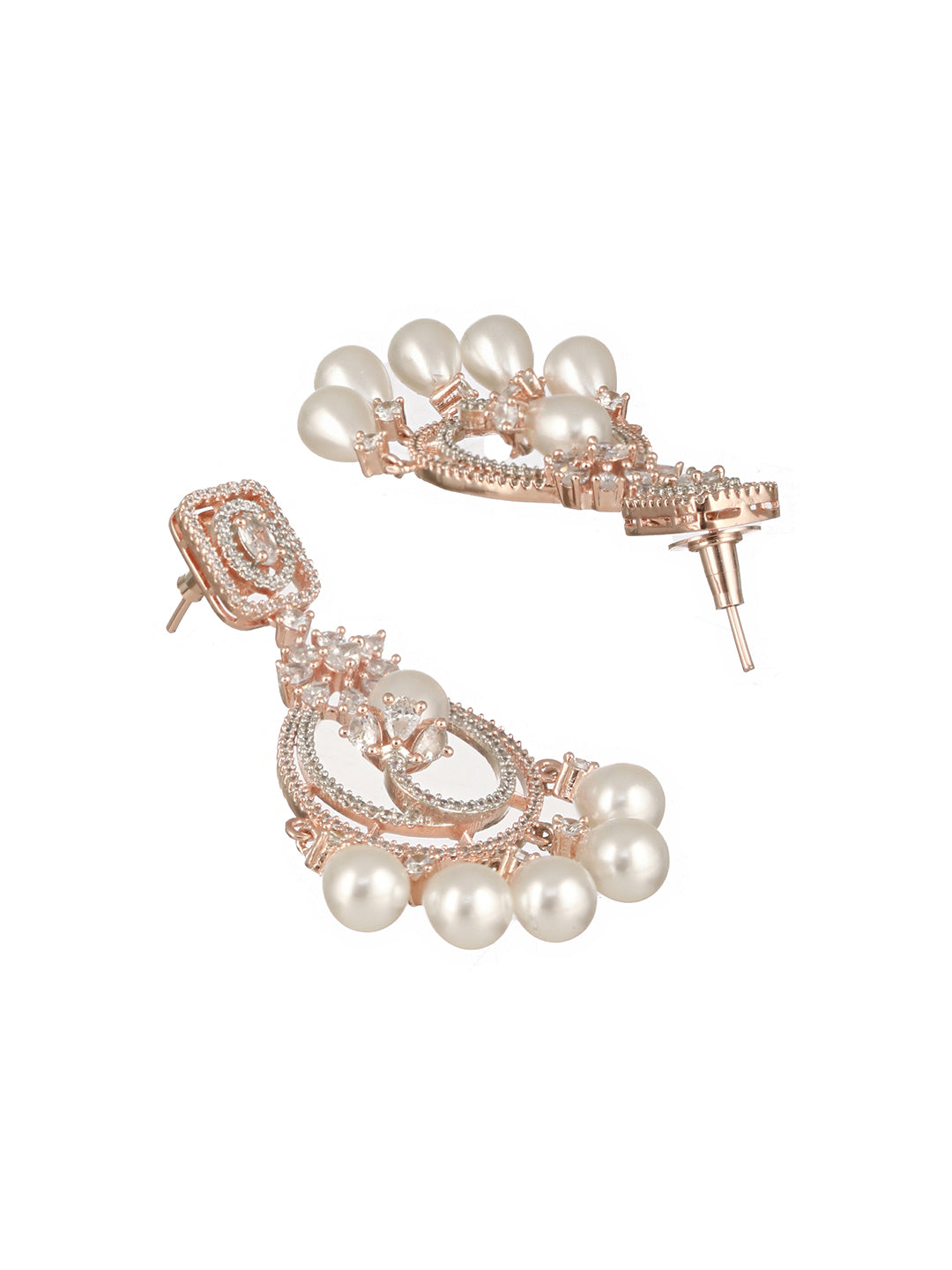 Rose Gold Platedd Zircon Studded Pearl Beaded Luxe Contemporary Chandbali Earrings