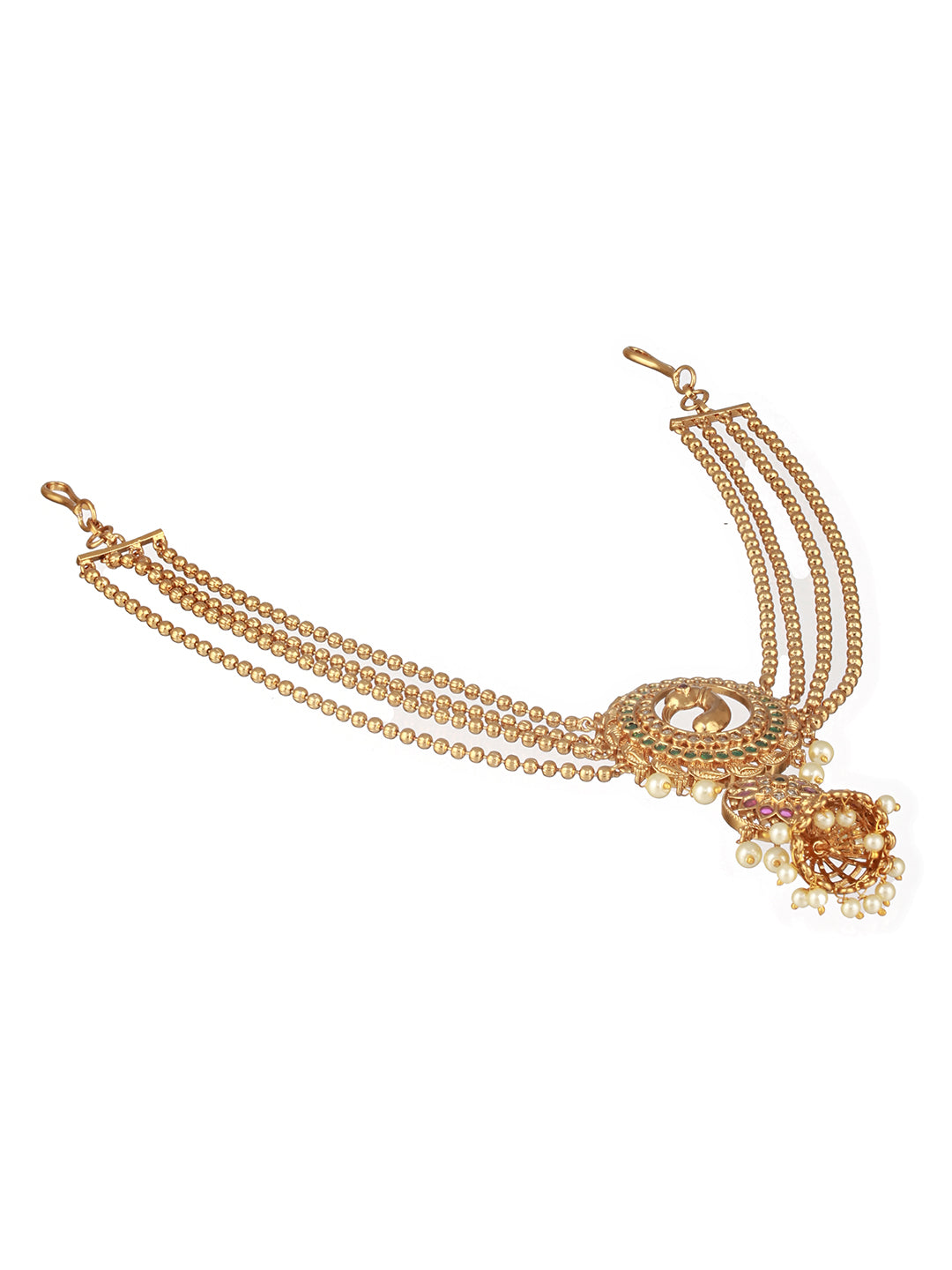 Gold Plated Kemp Studded Pearl Beaded Peacock Motif Bridal 3 layered chain Jadai billai Hair broach