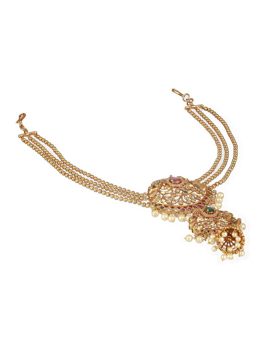 Gold Plated Kempo Studded & Pearl Beaded Floral  Layered Chain Jadai Billai Hair BroochMathapati