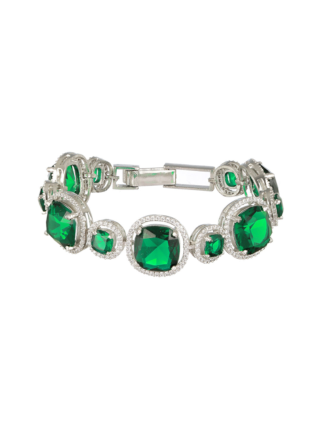 Rhodium Plated  Green CZ Studded Wraparound Tennis Bracelet