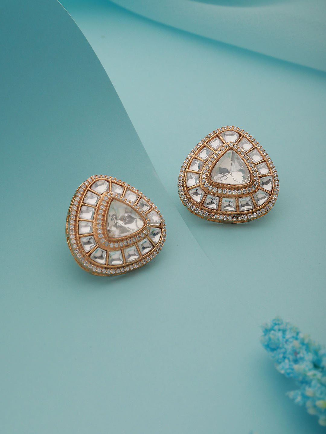 Gold Polish Real Kundan & CZ Studded Luxe Studds earrings