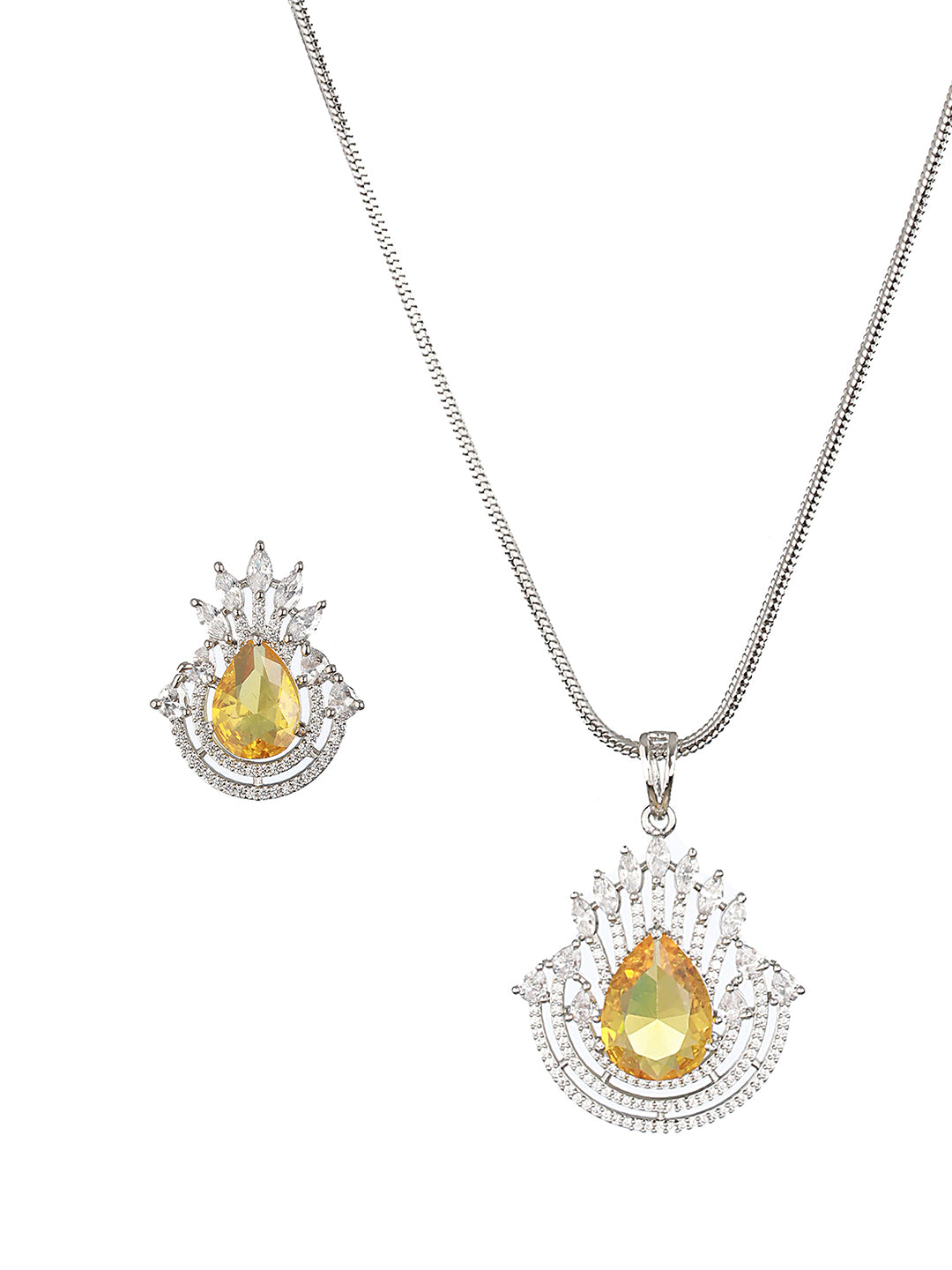 Silver Plated Yellow Citrine CZ Studded Designer Locket Jewellery set