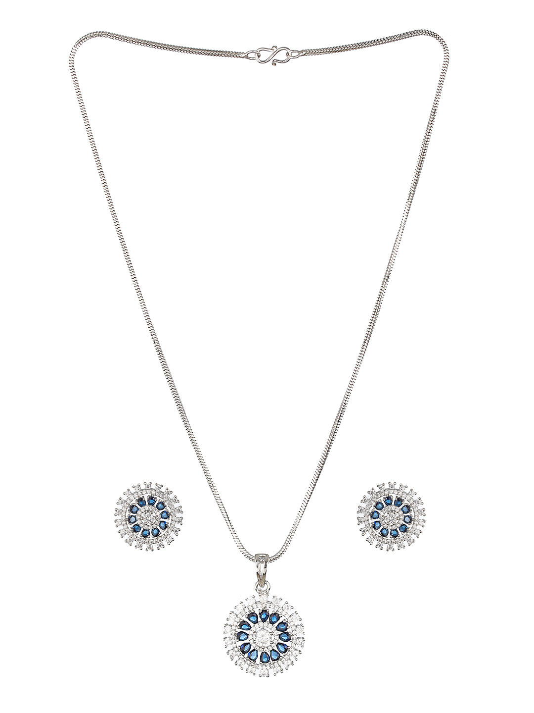 Silver Plated Blue Cubic Zircon Floral Locket  Jewellery set
