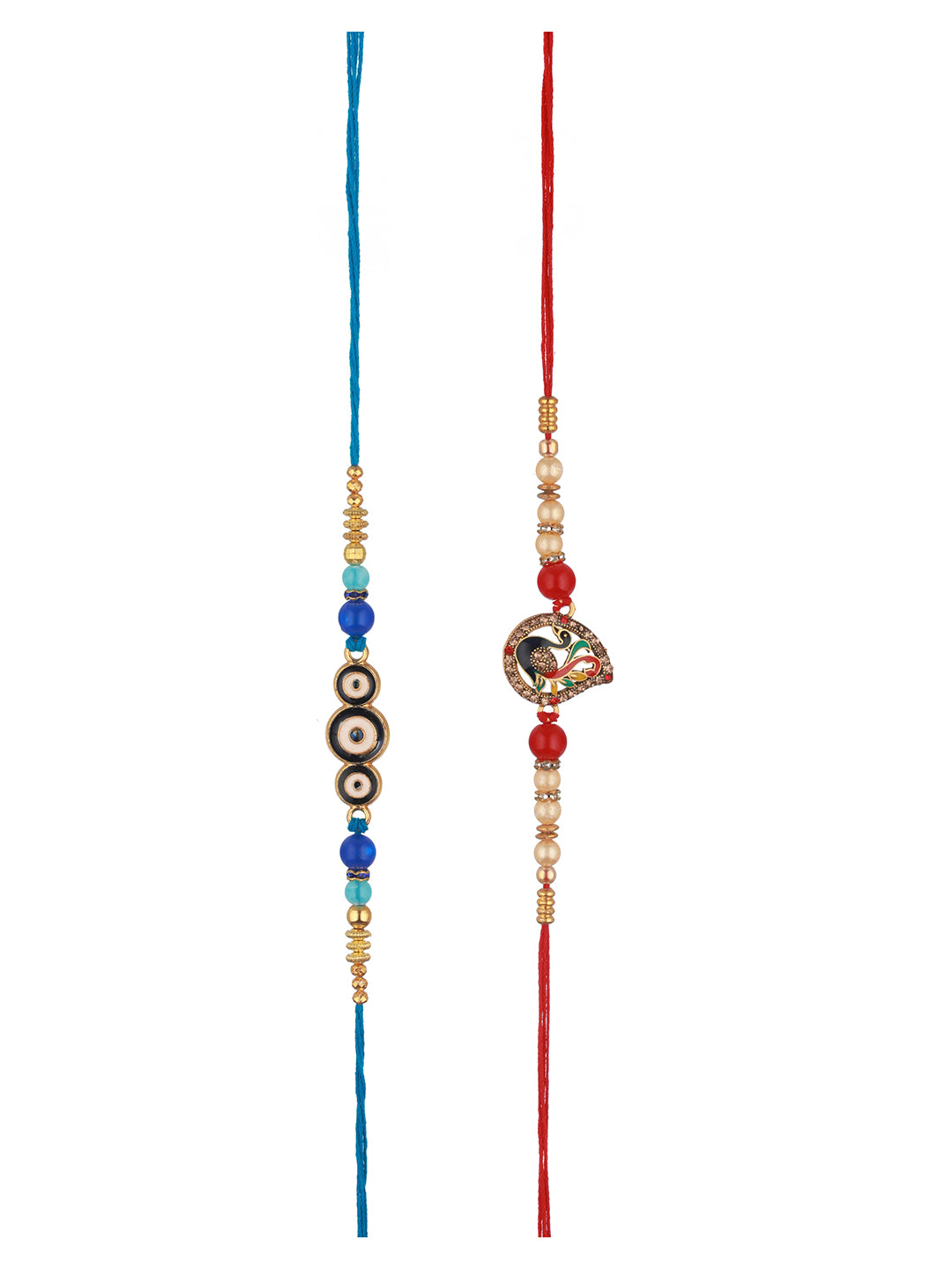 Set of 2 Evil Eye nd Peacock Rakhi with Roli Chawal with 10 gram Shri Laxmi round 999 Round Silver Coin