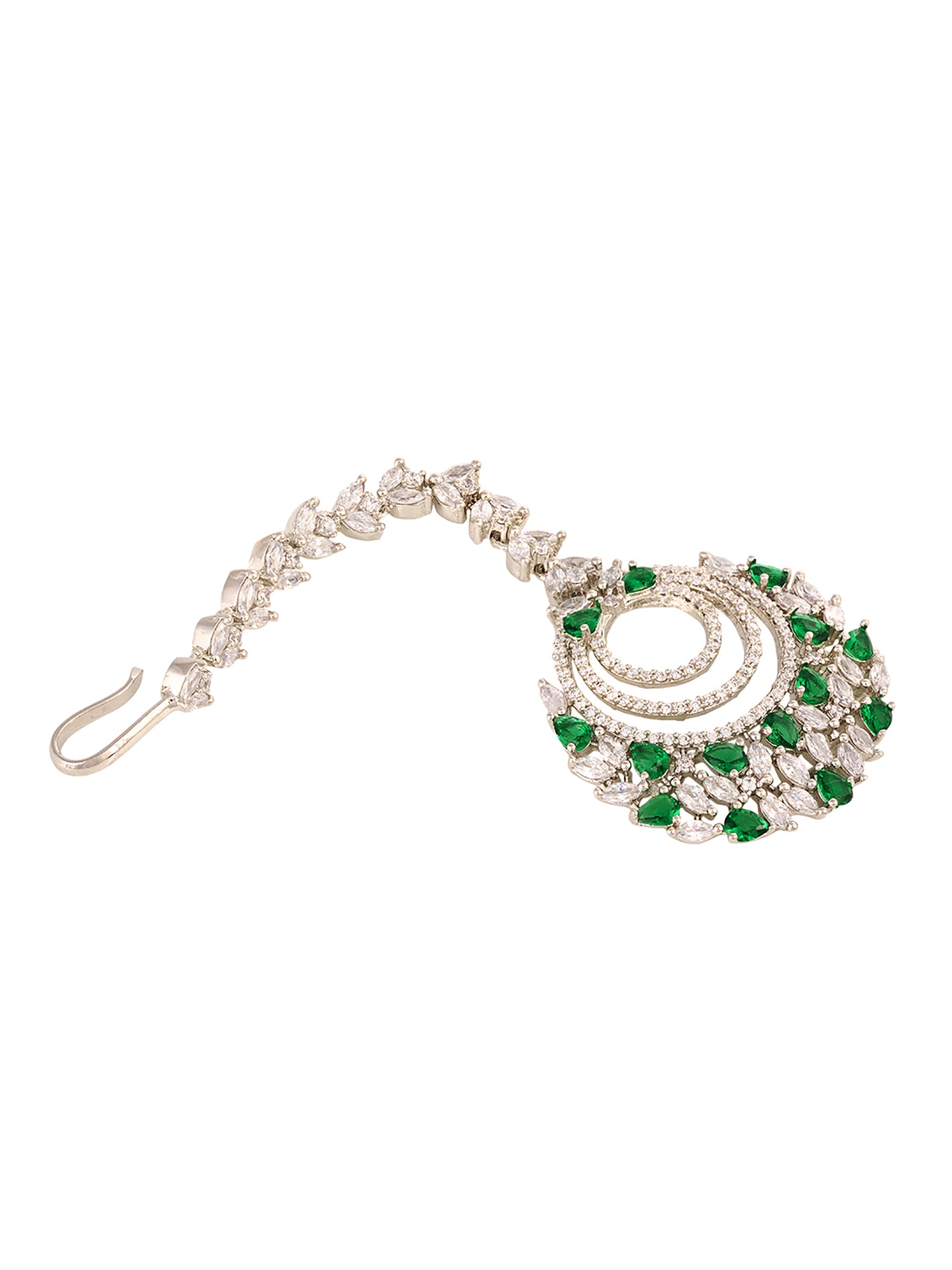 Silver plated Green AD studded Handcrafted Maang Tika