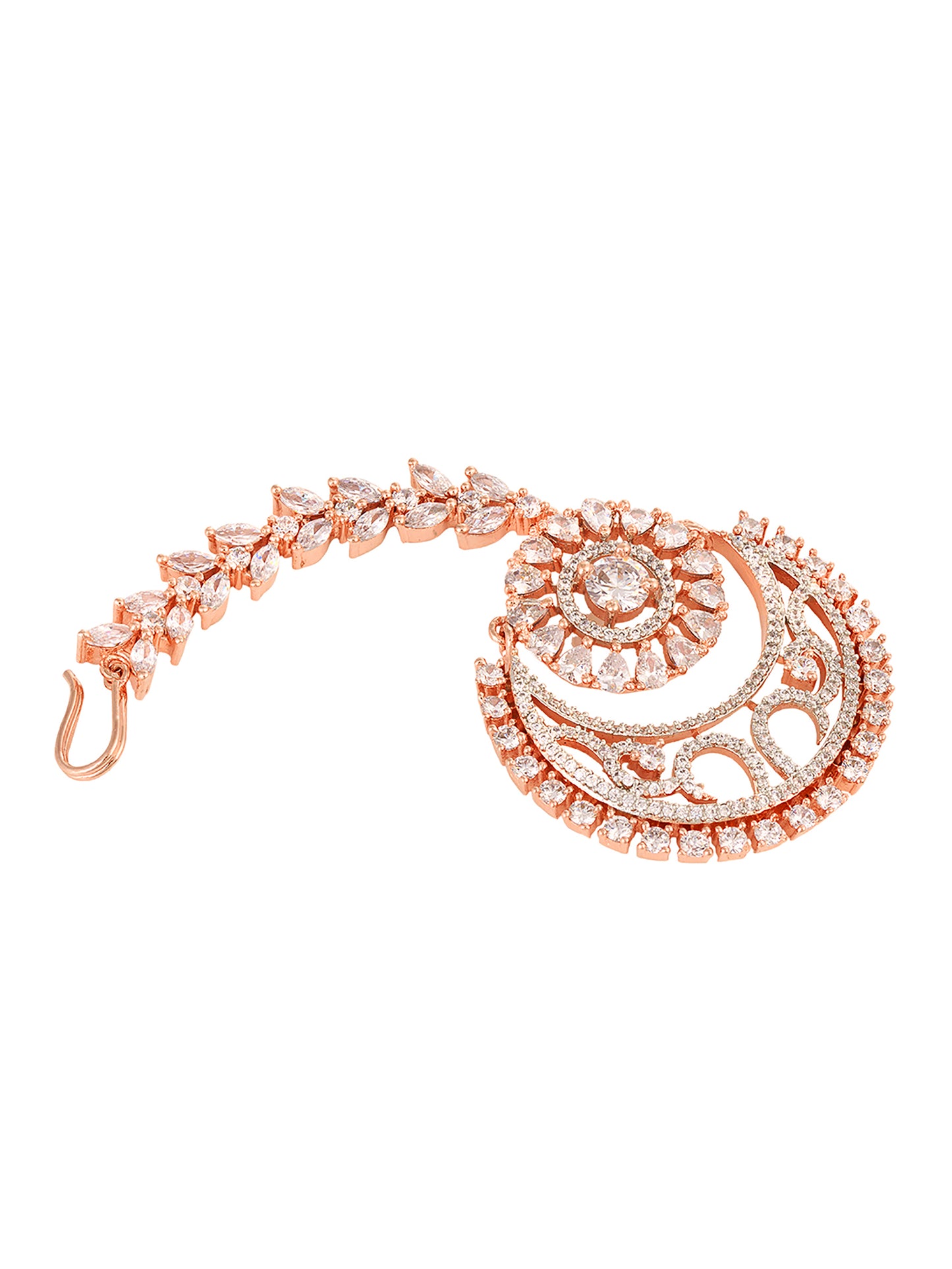 Rose Gold plated AD studded Half Moon shaped Handcrafted Maang Tika