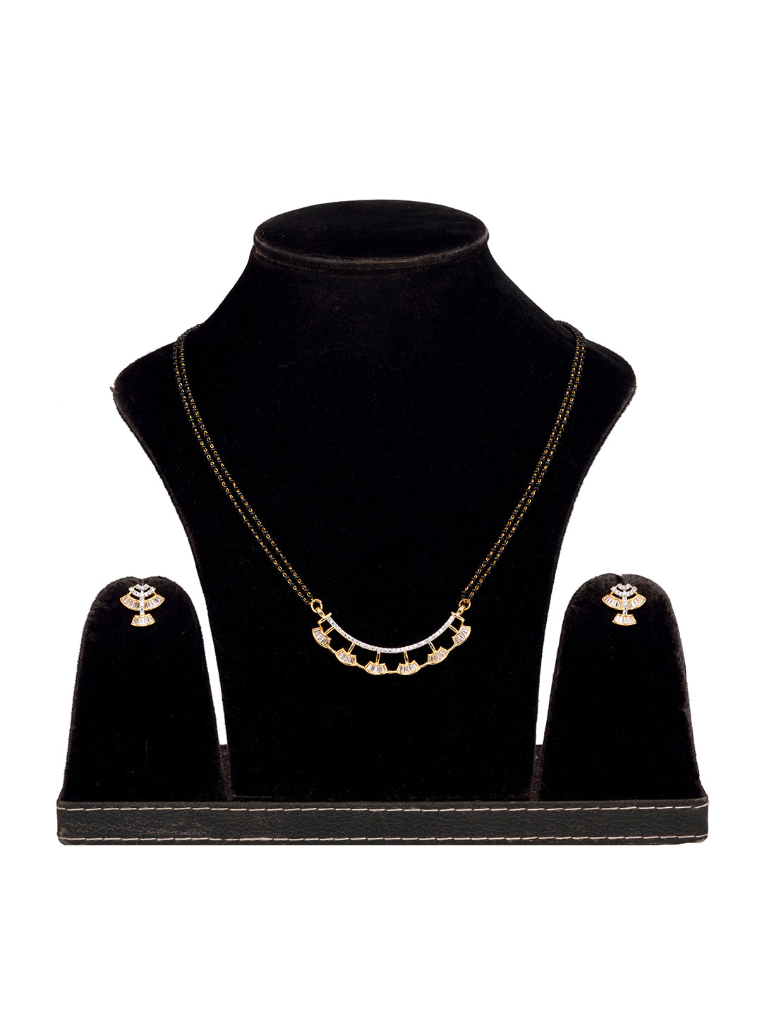 Gold Plated Black Beads AD Studded Mangalsutra Pendant Earrings Set