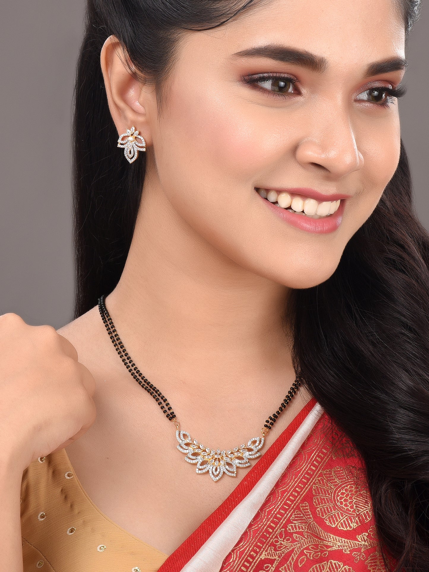 Gold Plated Black & White AD Studded & Beaded Mangalsutra Earrings