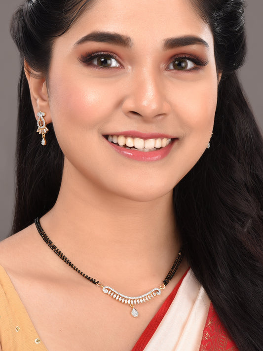 Gold Plated Black & White AD Studded & Beaded Mangalsutra Earrings