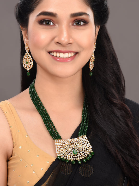 Gold Plated White Polki Green Beads Long Traditional Jewellery Set Dropdown Earrings