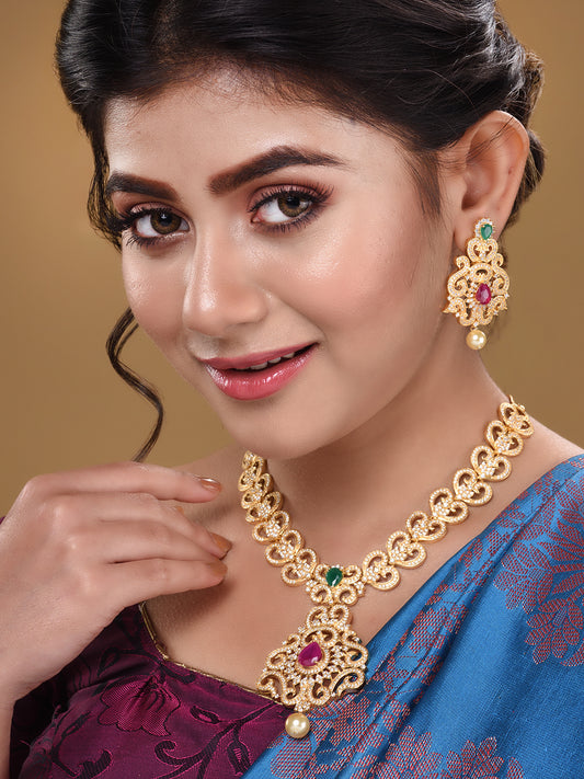 Gold Plated Multi AD Studded Hand Crafted Traditional Pendant Necklace Earrings Set